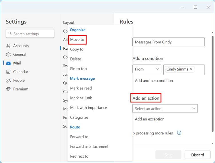 Outlook rules add an action