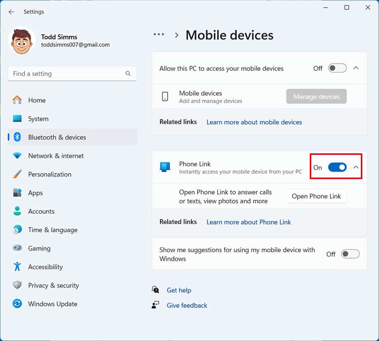 Enable Windows Phone Link