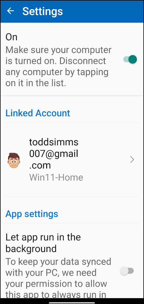 Android Link to Windows Setting