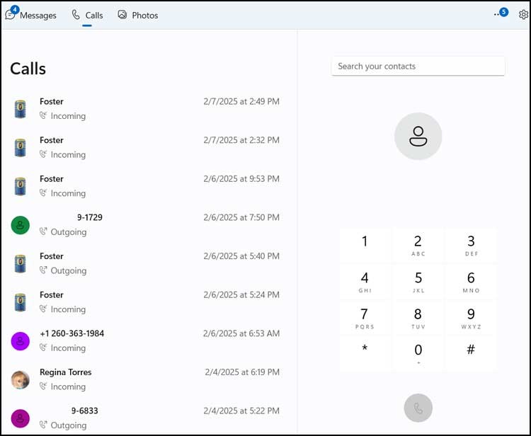 Windows Phone Link Calls section