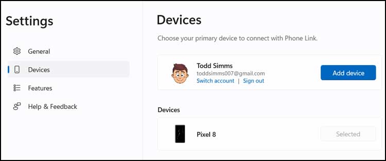 Windows Phone Link settings