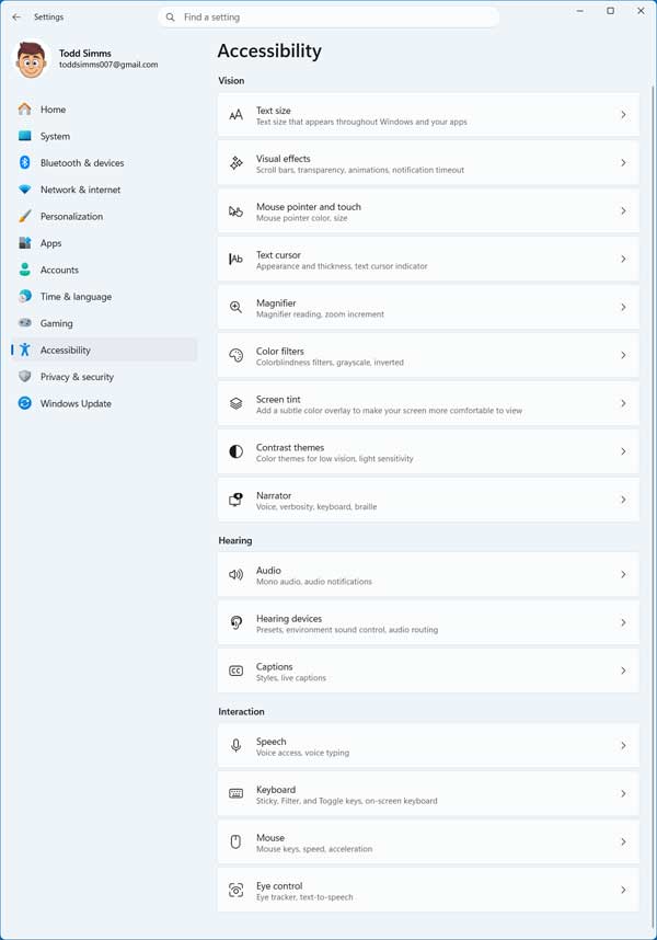 Windows accessibility settings