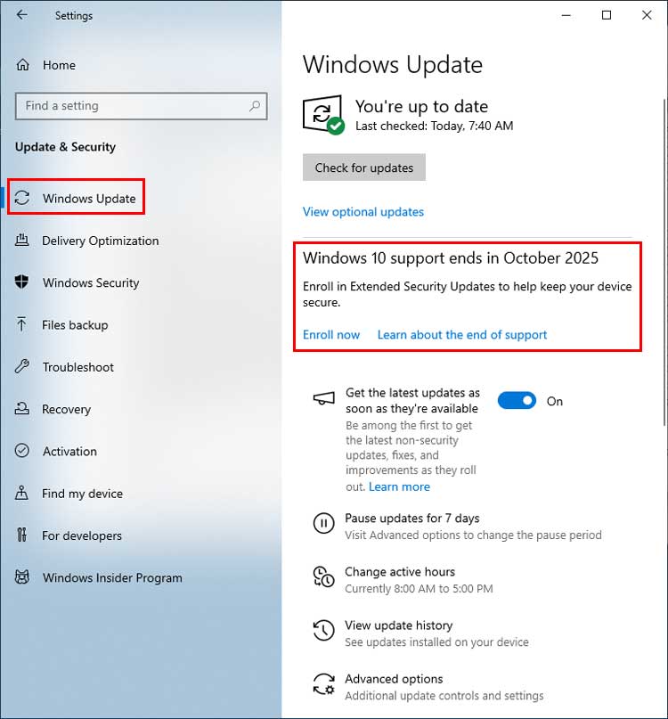 Enroll in Extended Security Updates to help keep your device secure