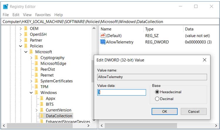 Windows Registry Editor DWORD value AllowTelemetry 