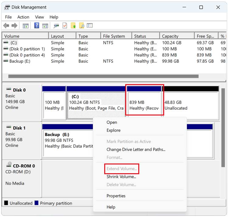 Disk Management Extend Volume Greyed Out
