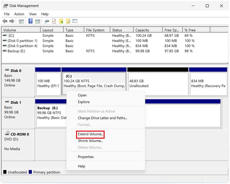 Disk Management extend volume