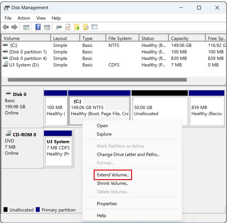 Disk Management extend volume