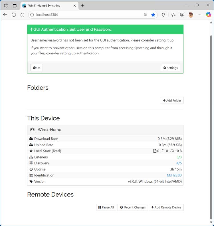 Syncthing web interface