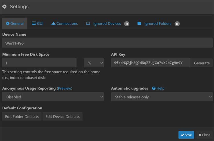 Syncthing settings