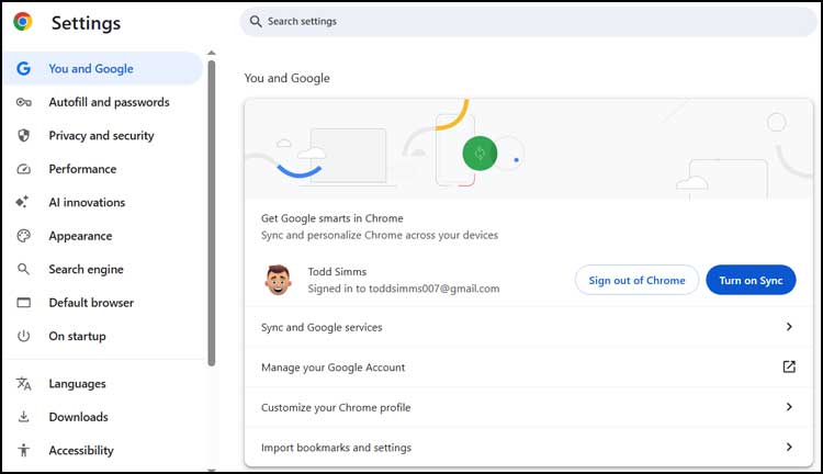 Google Chrome Turn on Sync Setting