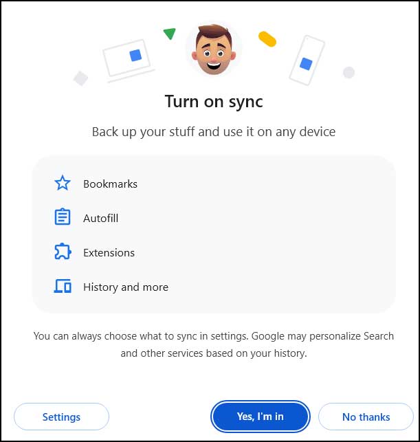 Google Chrome Turn on Sync Setting