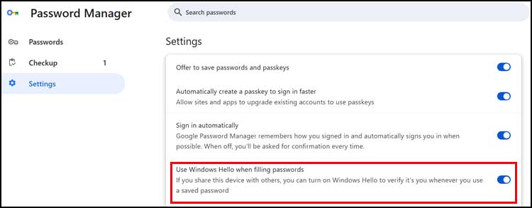 Disable the Windows Hello PIN Prompt when Using Saved Website Passwords in Chrome