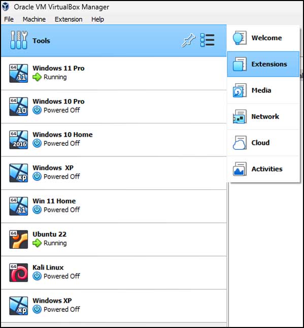 VirtualBox Manager Tools Extensions