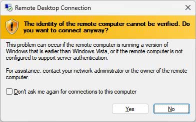 Remote Desktop Don’t ask me again for connections to this computer