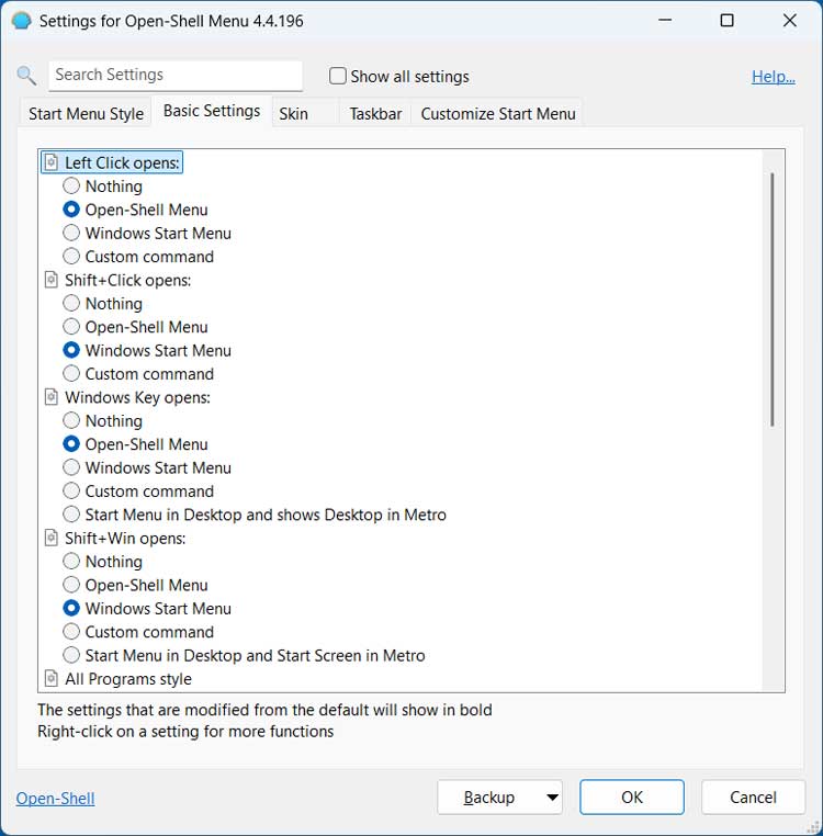 Open Shell Basic Settings tab