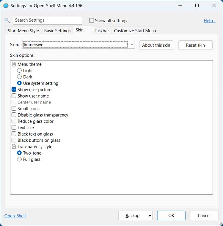 Open Shell Skin Settings tab