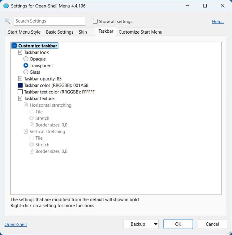 Open Shell Taskbar Settings tab