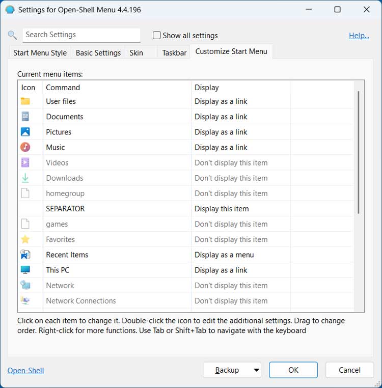 Open Shell Customize Start Menu tab