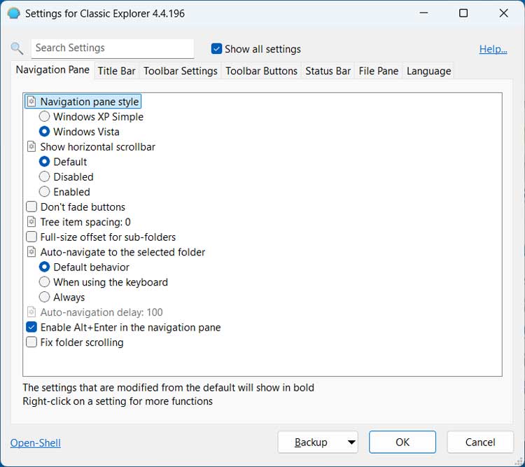 Settings for Classic Explorer