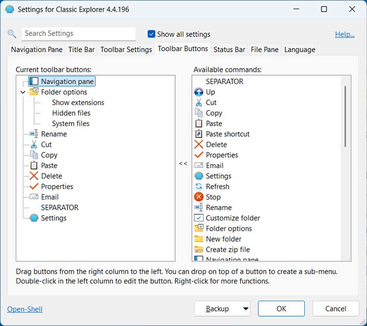 Settings for Classic Explorer Toolbar Buttons tab