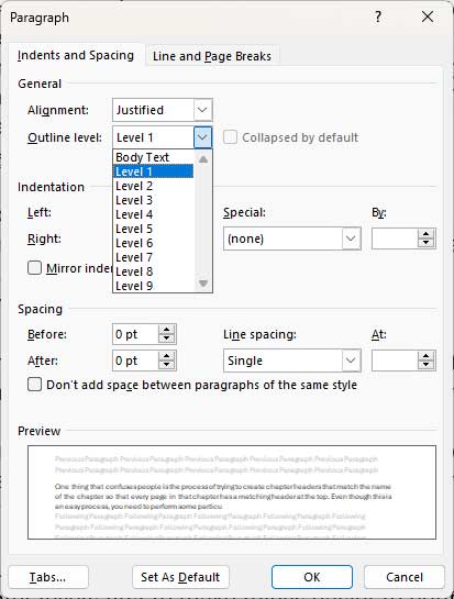 Microsoft Word Outline Level Settings