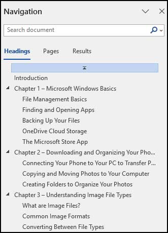 Microsoft Word Navigation Pane Headings