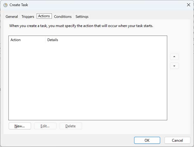 Task Scheduler Actions tab