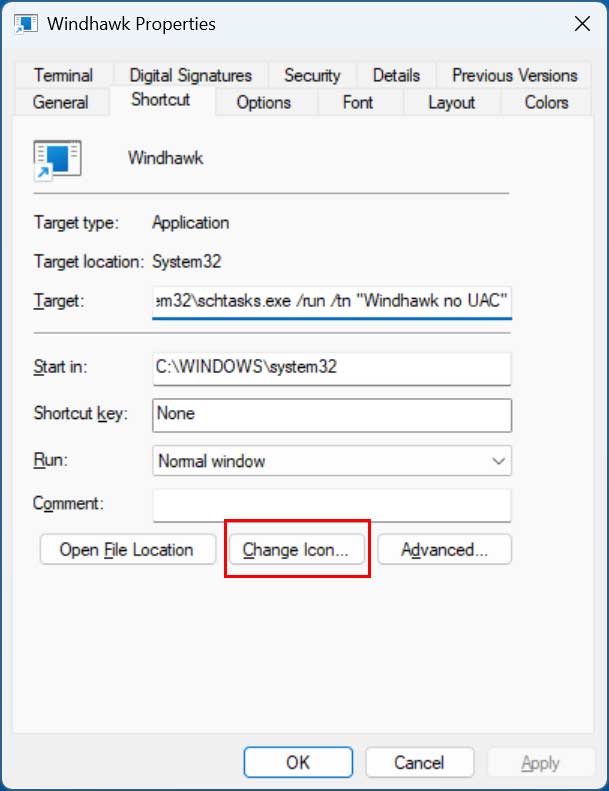 Shortcut Properties Change Icon 