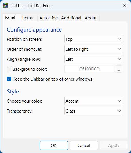 Linkbar Panel Settings