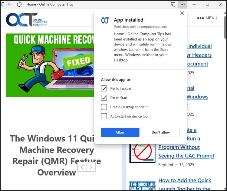 Creating a Windows Web App Shortcut to Your Website