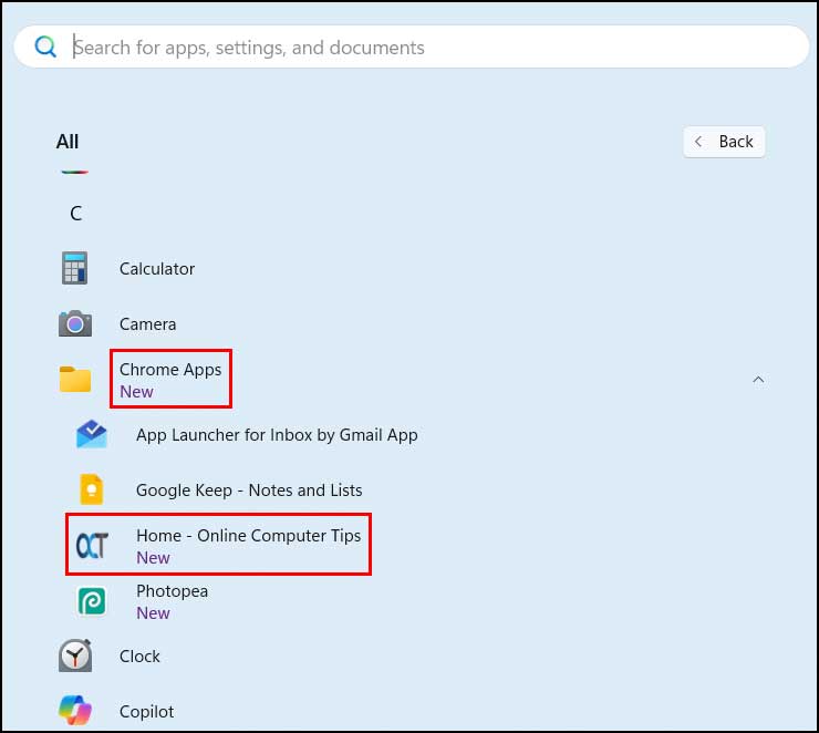 Start menu Chrome Apps
