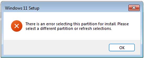 There is an error selecting this partition for install. Please select a different partition or refresh selections.