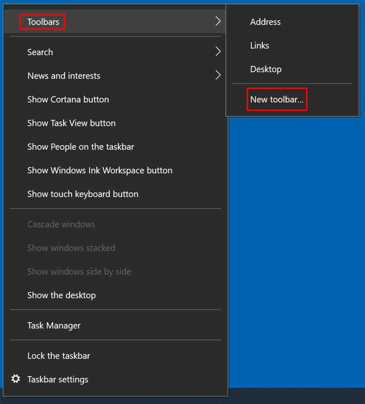 Toolbars > New toolbar