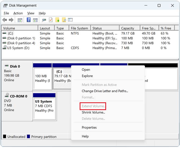 Disk Management Extend Volume option greyed out