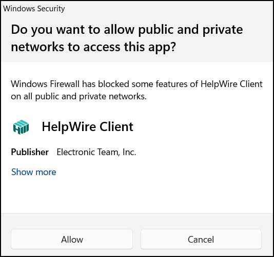 Allow HelpWire through Windows Firewall