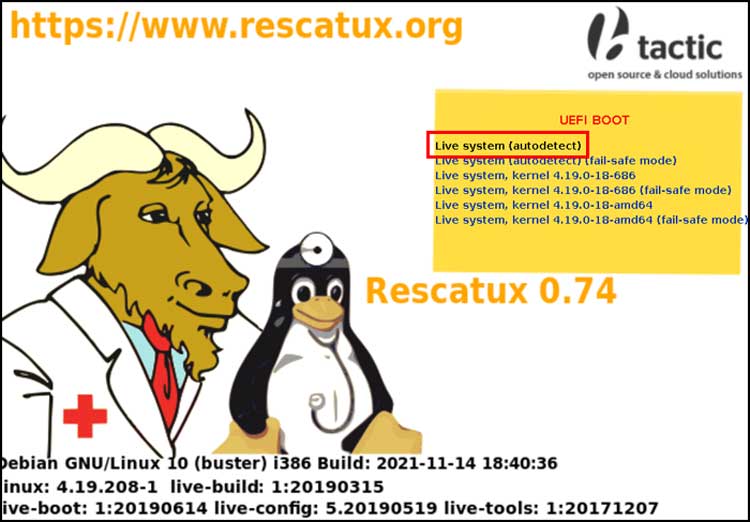 Rescutux startup screen