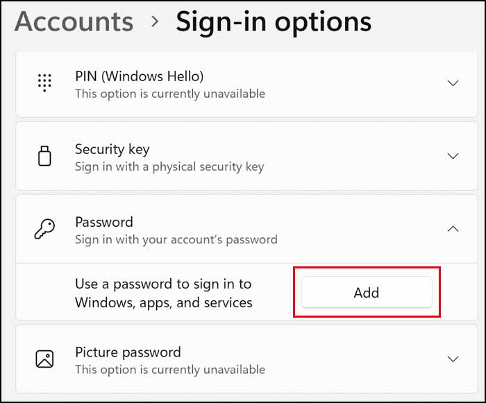 Windows settings change user password
