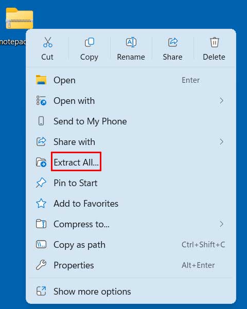 right click zip file and choose Extract All