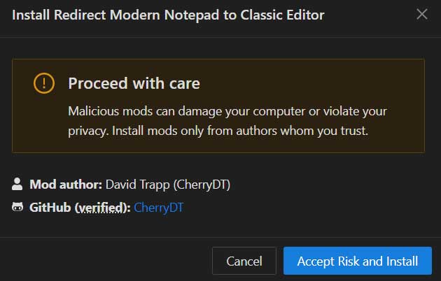 Proceed with care. Malicious mods can damage your computer or violate your privacy. Install mods only from authors whom you trust.