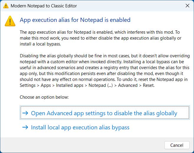App execution alias for Notepad is enabled 