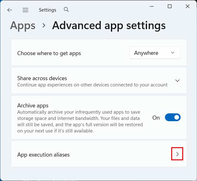 Advanced app settings section. App execution aliases.