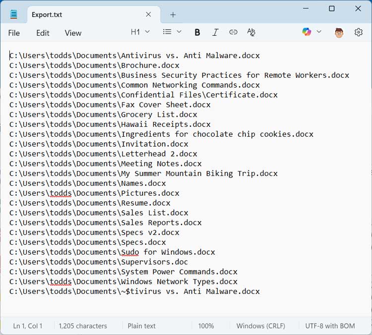 Exported text file with file names