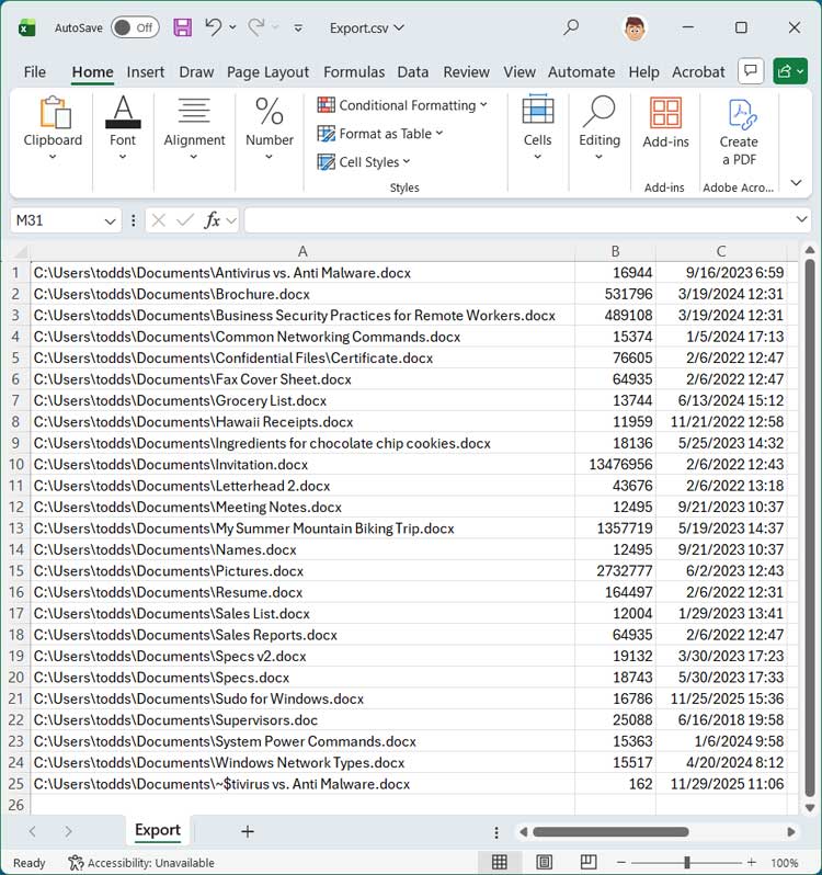 Exported CSV file with file names