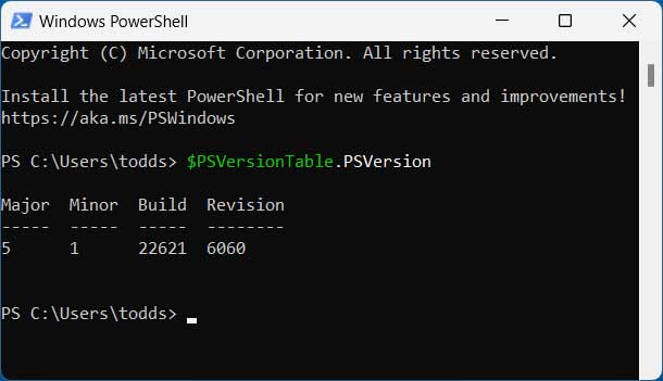 Check PowerShell version with $PSVersionTable.PSVersion