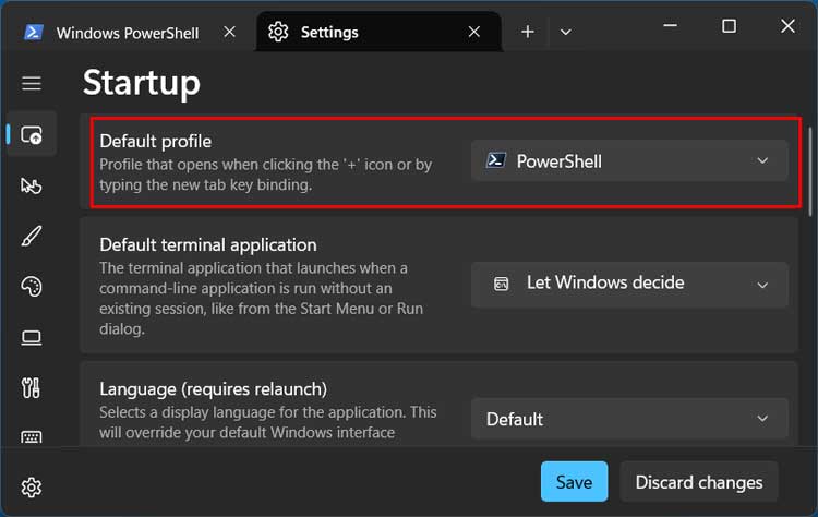 Windows Terminal app change the Default profile
