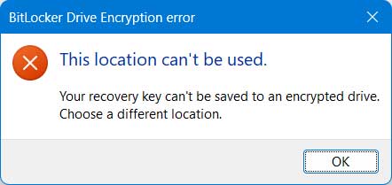 Your recovery key can’t be saved to an encrypted drive