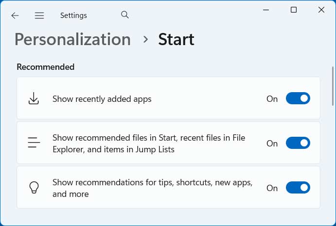 Windows start personalization options
