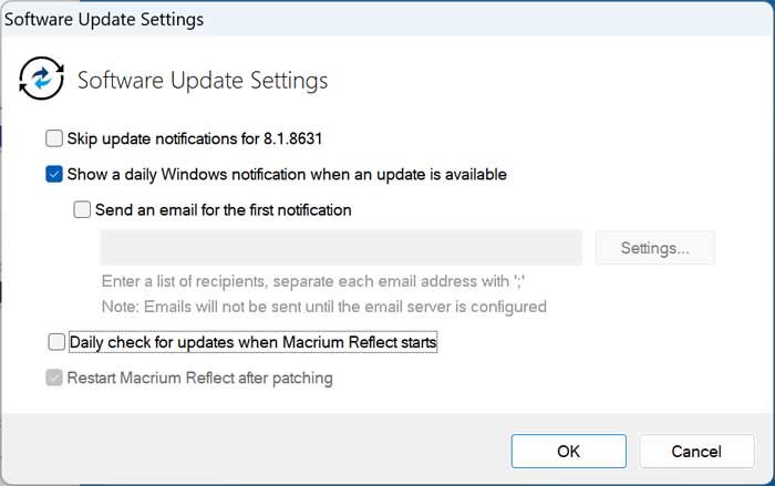 Macrium Reflect update settings