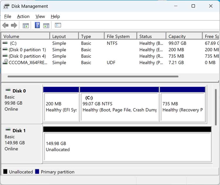 Windows Disk Management tool