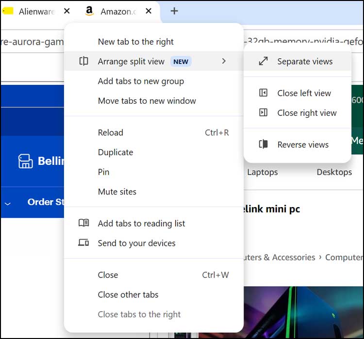 Right click tabs arrange split view